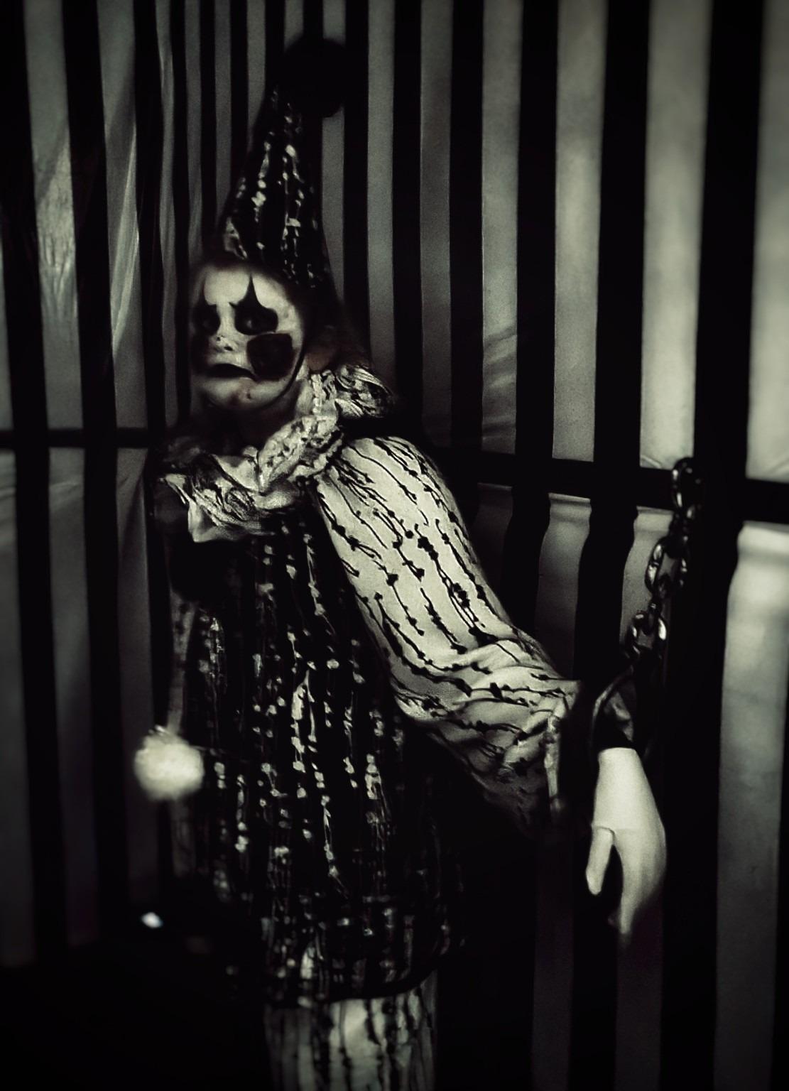 A clown behind bars, in black and white