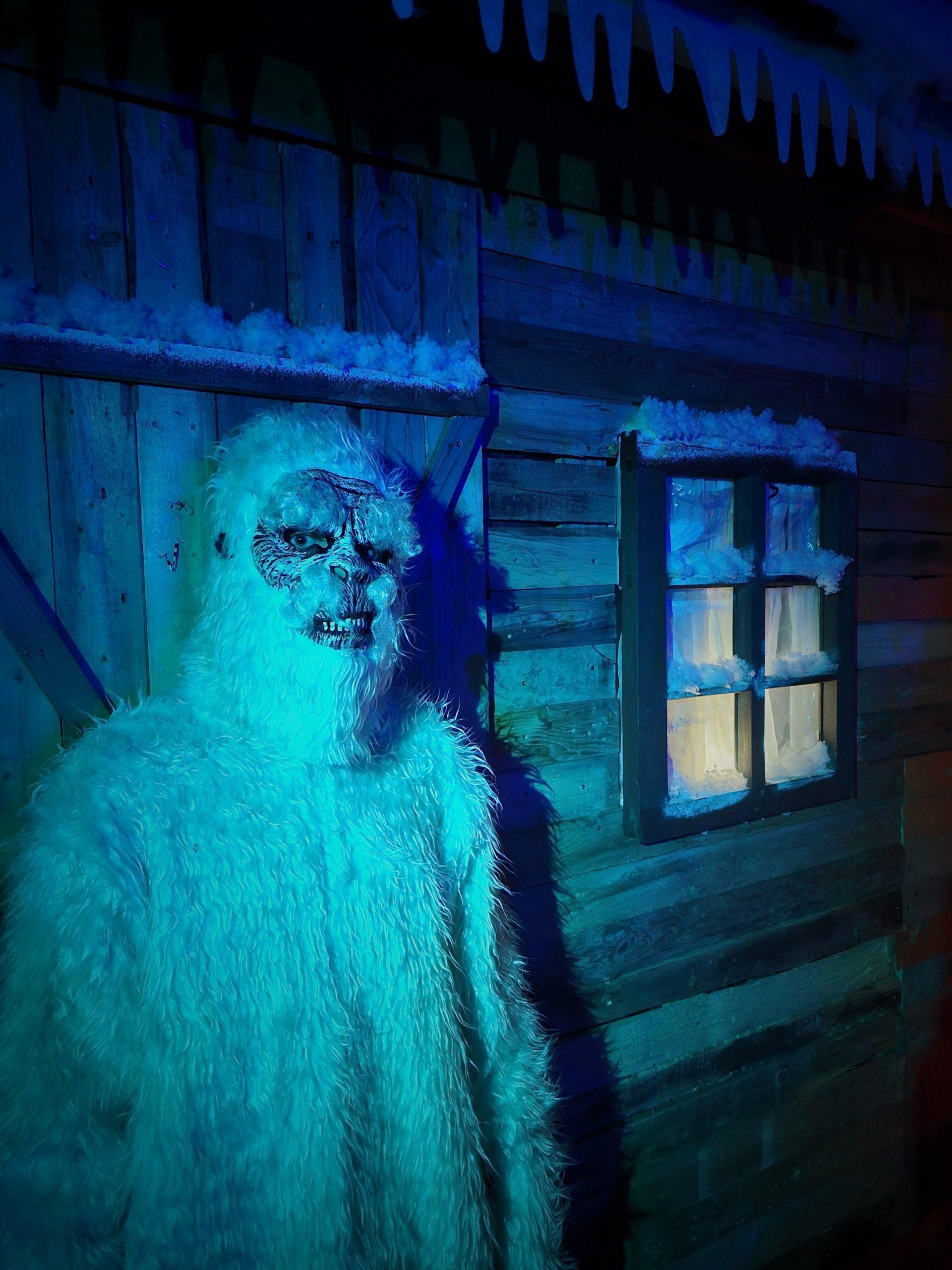 A big friendly looking yeti peering through a cabin window in blue light